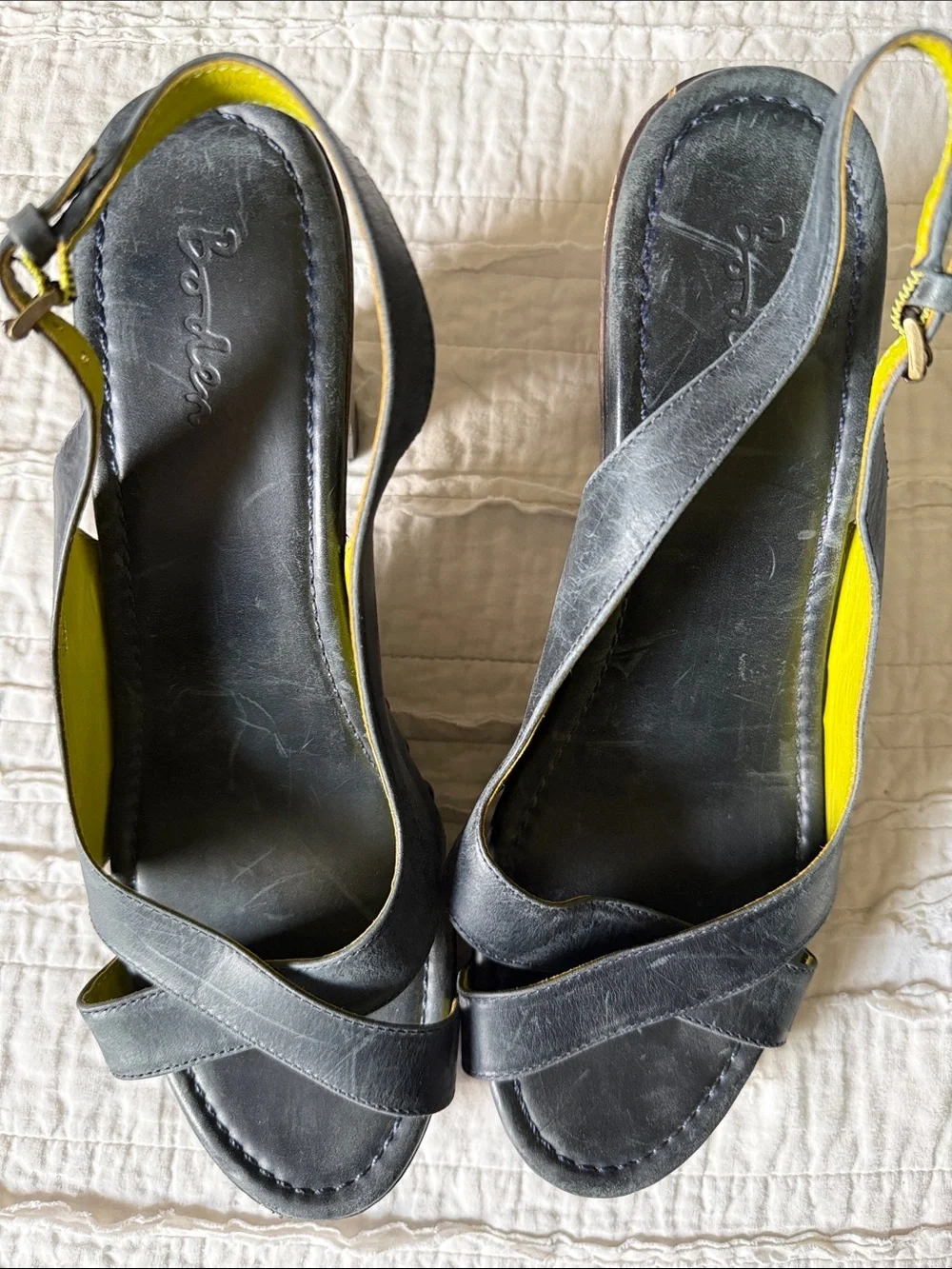 Boden Black Leather Studded Slingback Heels with Yellow Lining